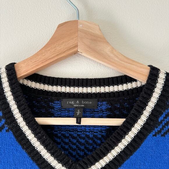 Rag & Bone Gabby Wool Buffalo Check V-Neck Pullover Sweater Blue/Black S - Picture 6 of 10